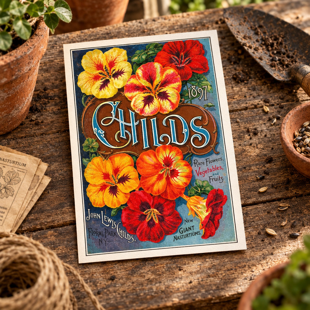 Vintage botanical advertising print for John Lewis & Sons 'Hilda's' nursery, featuring large illustrated flowers including pansies and nasturtiums in red, yellow, orange, and green on a blue background with ornate 'HILDA'S' lettering.