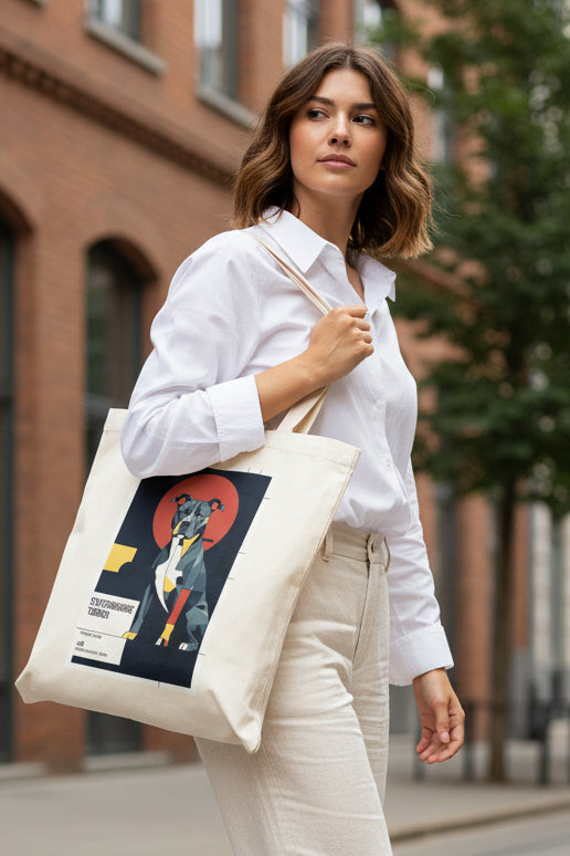 A natural canvas tote bag featuring a stylized graphic print of a Staffordshire Terrier dog in a poster design with a red sun and dark navy background.
