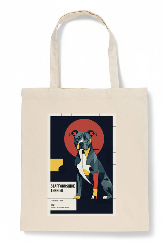 A natural canvas tote bag featuring a stylized graphic print of a Staffordshire Terrier dog in a poster design with a red sun and dark navy background.