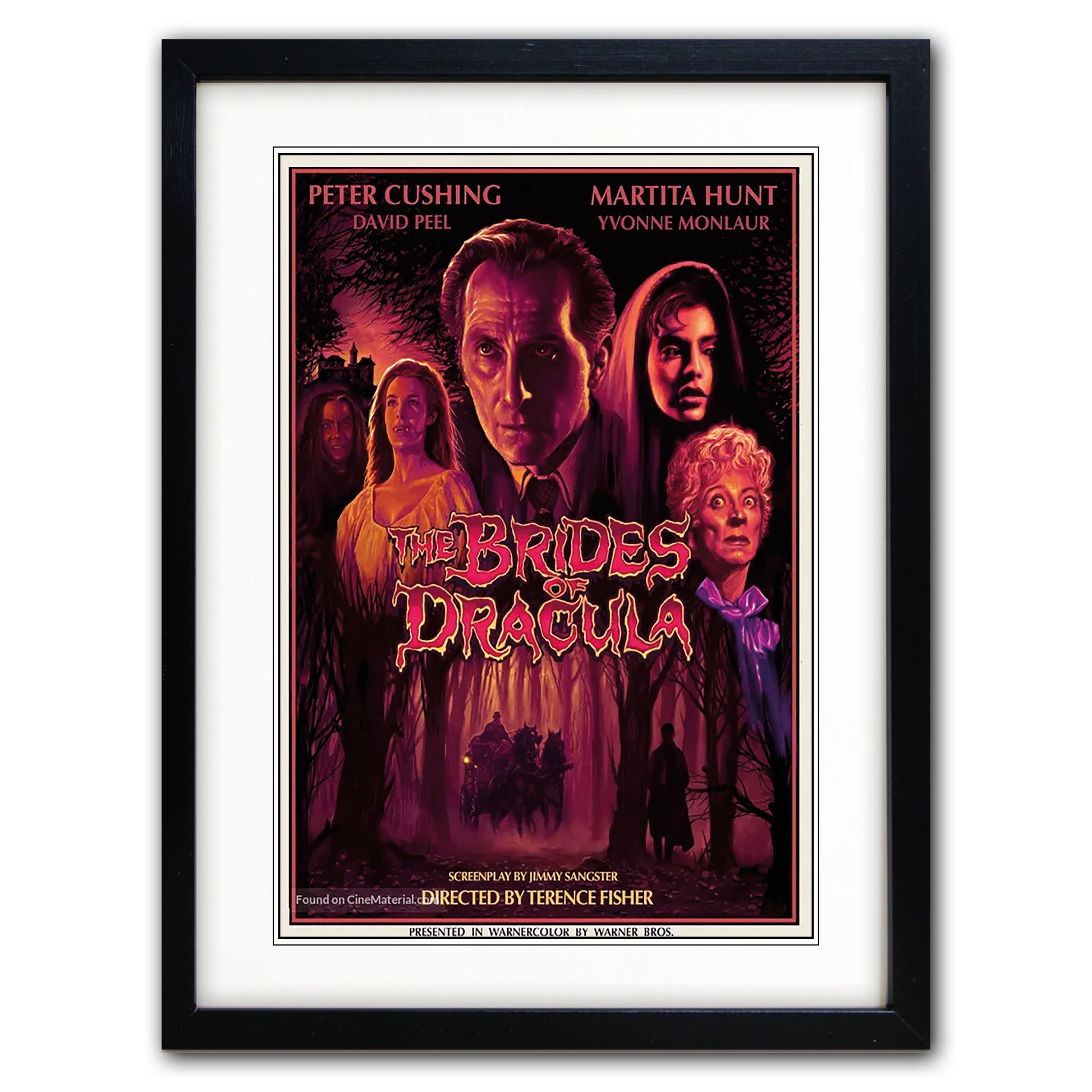 A framed movie poster for 'The Brides of Dracula' featuring Peter Cushing, Martita Hunt, and Yvonne Monnaux, with a black frame and white matting.