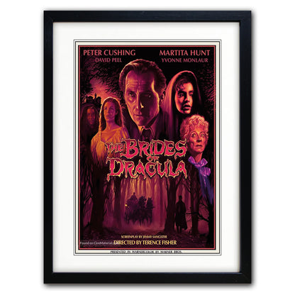A framed movie poster for 'The Brides of Dracula' featuring Peter Cushing, Martita Hunt, and Yvonne Monnaux, with a black frame and white matting.