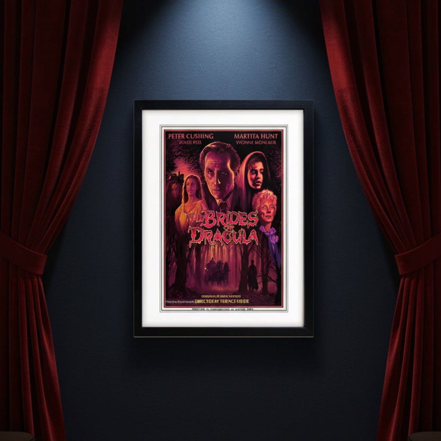 A framed movie poster for 'The Brides of Dracula' featuring Peter Cushing, Martita Hunt, and Yvonne Monnaux, with a black frame and white matting.