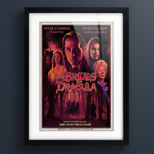 A framed movie poster for 'The Brides of Dracula' featuring Peter Cushing, Martita Hunt, and Yvonne Monnaux, with a black frame and white matting.
