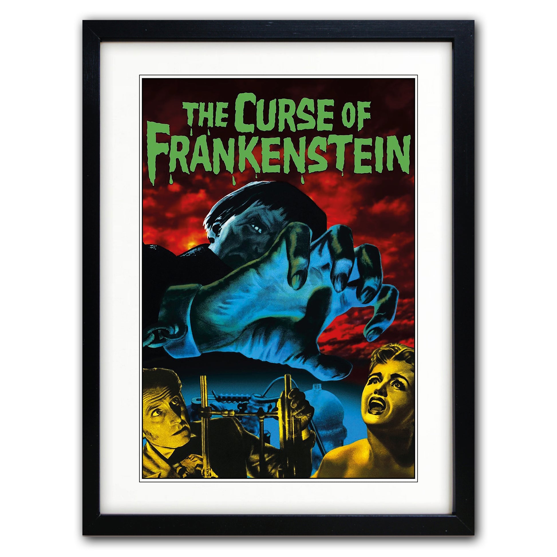 Framed vintage-style poster for 'The Curse of Frankenstein' with a black frame, white mat, and a dramatic illustration featuring a giant blue hand, red sky, and green title text.