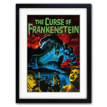 Framed vintage-style poster for 'The Curse of Frankenstein' with a black frame, white mat, and a dramatic illustration featuring a giant blue hand, red sky, and green title text.
