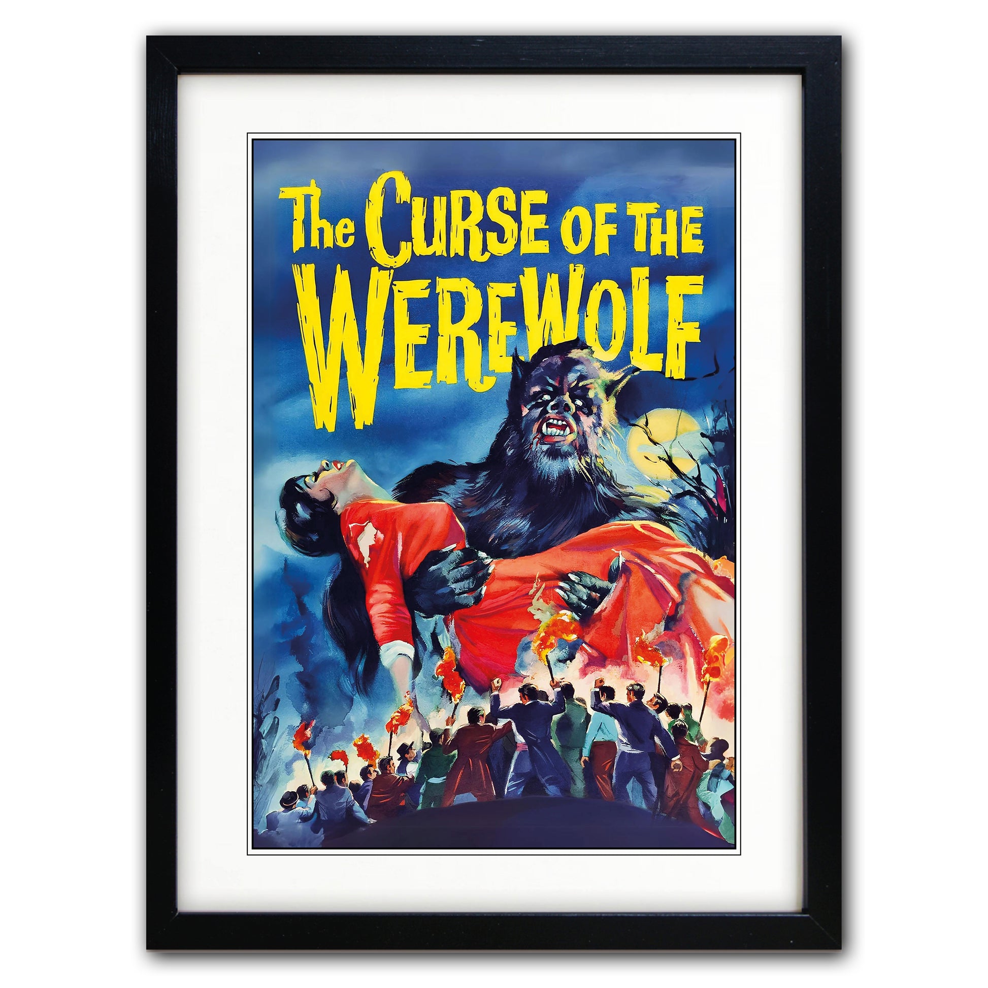 Framed vintage-style poster art for 'The Curse of the Werewolf' with a black frame, white mat, and a dramatic illustration showing a werewolf holding a woman in a red dress against a blue night sky.