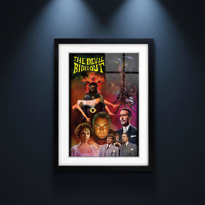 A framed art print of the movie poster 'The Devil Rides Out' featuring a black frame, white mat, and a colorful retro-style poster with yellow title text and illustrated characters.