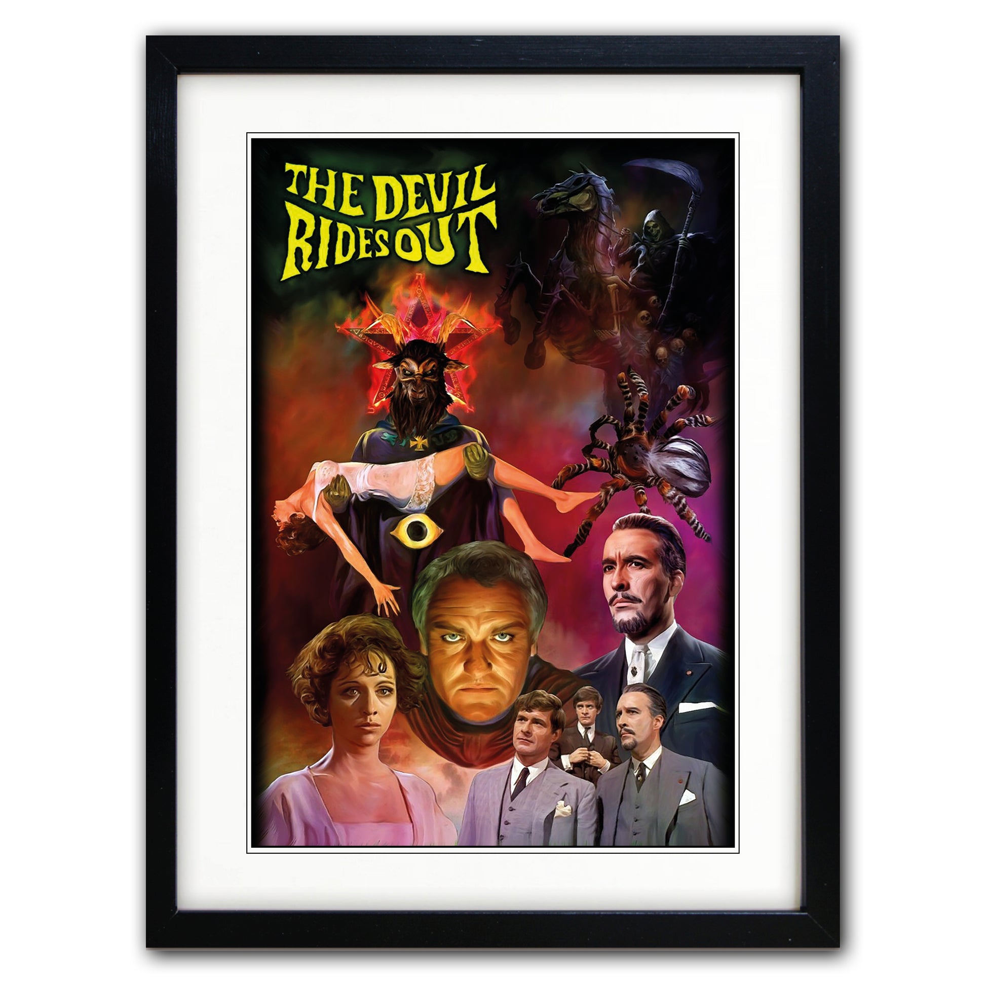 A framed art print of the movie poster 'The Devil Rides Out' featuring a black frame, white mat, and a colorful retro-style poster with yellow title text and illustrated characters.