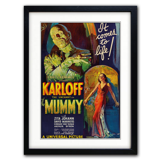 A framed vintage movie poster for the 1927 Universal Pictures film 'The Uncanny Mummy' starring Karl Loeff. The poster features a green mummy monster and a woman in a red dress, with bold yellow and orange title text.