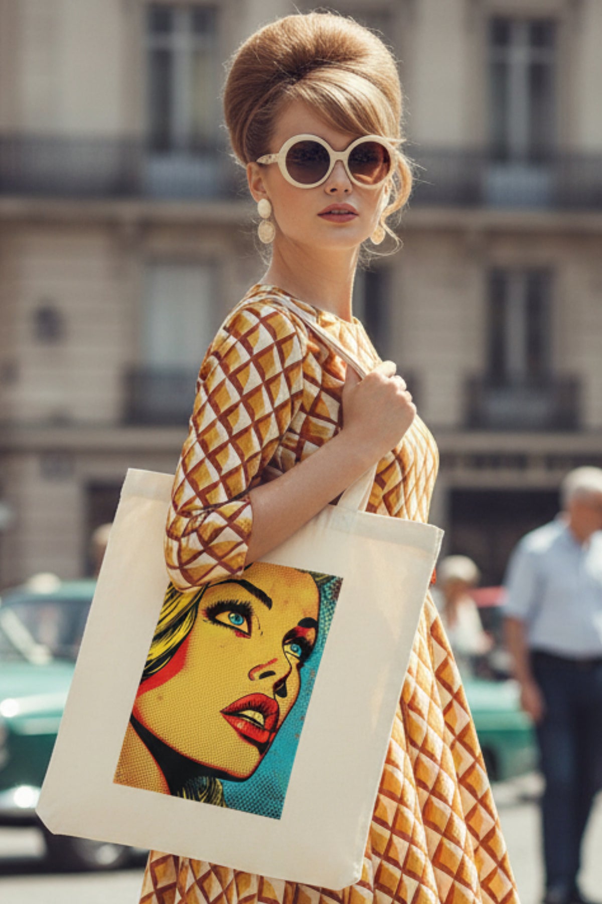 A cream-colored canvas tote bag featuring a colorful pop-art graphic of a woman's face on the front, set against a plain white background.