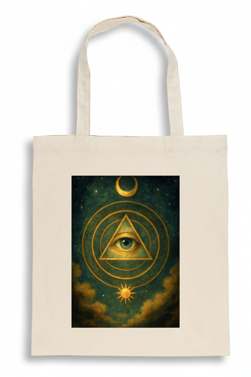 A cream-colored canvas tote bag featuring a large rectangular graphic print on the front. The print depicts a mystical golden eye within concentric triangles, surrounded by a crescent moon, stars, and a sun in a dark teal cosmic sky.