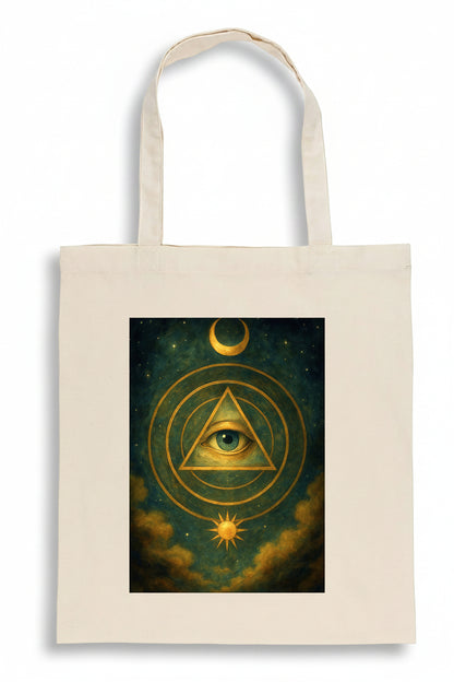 A cream-colored canvas tote bag featuring a large rectangular graphic print on the front. The print depicts a mystical golden eye within concentric triangles, surrounded by a crescent moon, stars, and a sun in a dark teal cosmic sky.