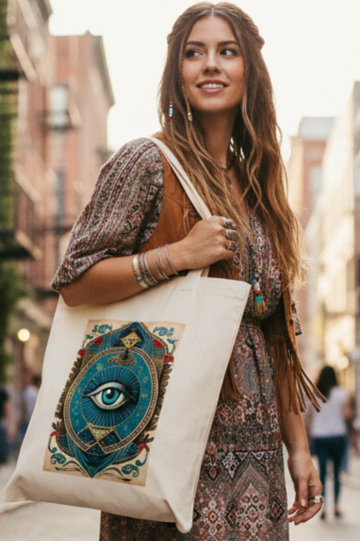 A cream-colored canvas tote bag featuring a large, detailed graphic print of an all-seeing eye design in blue, gold, and red on the front, young bohemian hip women wearing bag showing bag to the side lifestyle