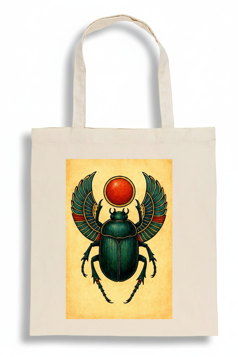 A cream-colored canvas tote bag featuring a vintage-style illustration of an Egyptian scarab beetle with a red sun disc and green wings on a yellow rectangular print, set against a plain white background.