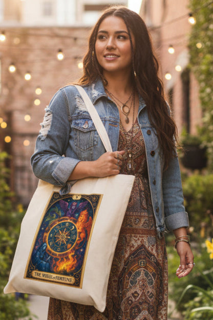 A cream-colored canvas tote bag featuring a large graphic print of 'The Wheel of Fortune' tarot card on the front, set against a plain white background.