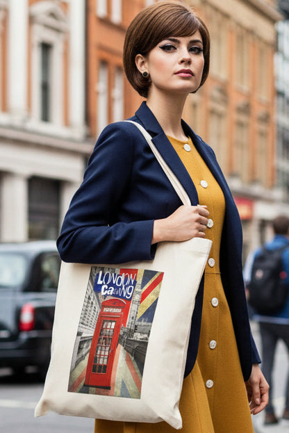 A natural canvas tote bag featuring a rectangular graphic print of a London street scene with a red telephone booth, the words 'London Calling', and a Union Jack flag.
