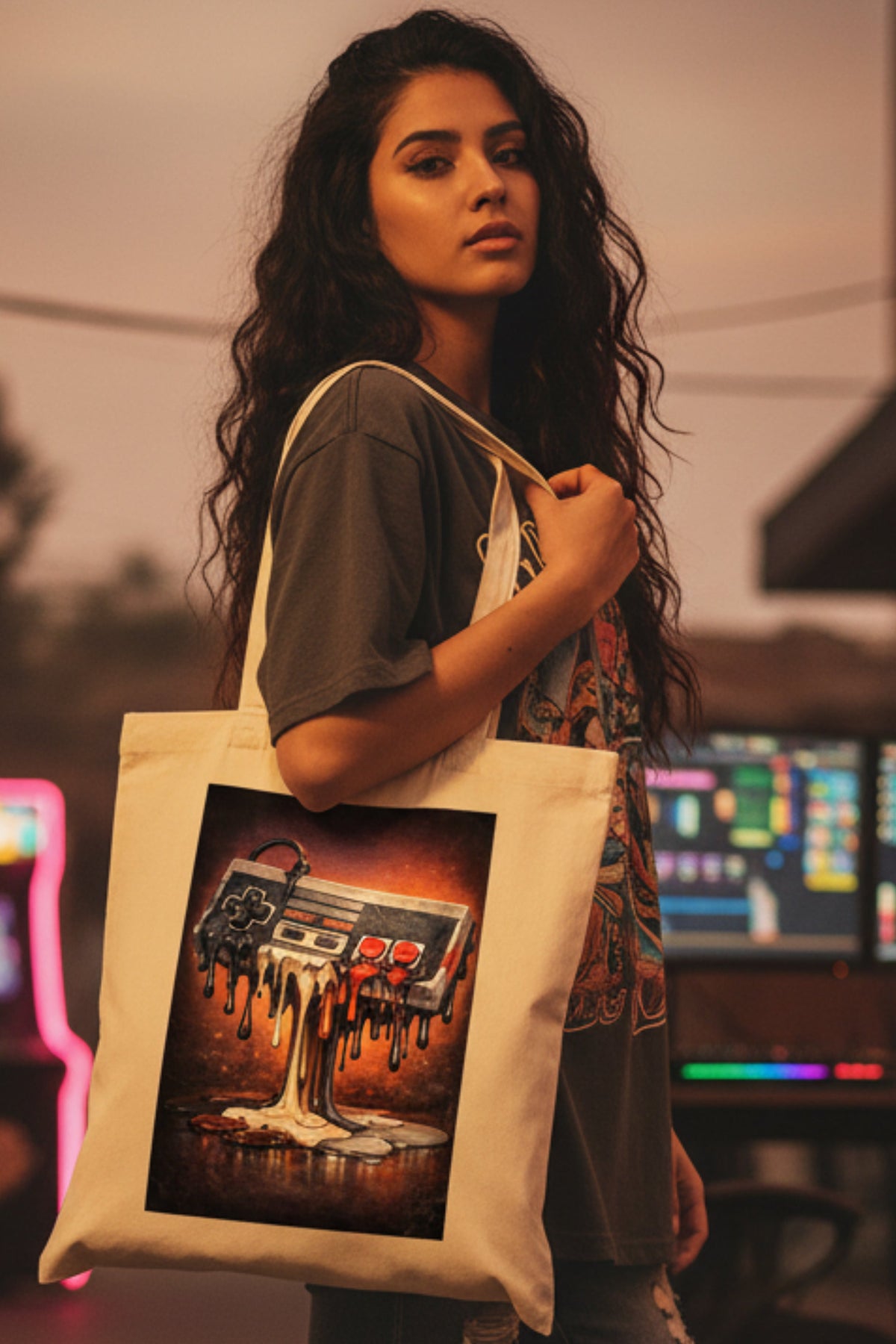 A cream-colored canvas tote bag featuring a rectangular graphic print of a melting retro video game controller dripping dark wax-like material onto a warm, fiery background.
