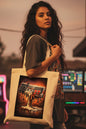 A cream-colored canvas tote bag featuring a rectangular graphic print of a melting retro video game controller dripping dark wax-like material onto a warm, fiery background.