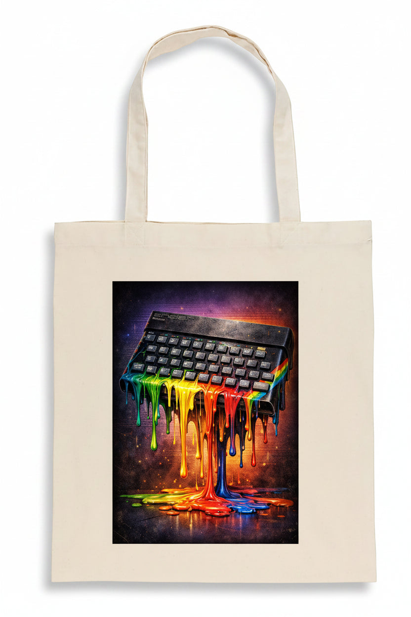 A cream-colored canvas tote bag featuring a square graphic print of a retro computer keyboard with vibrant, multicolored dripping paint on a dark cosmic background.