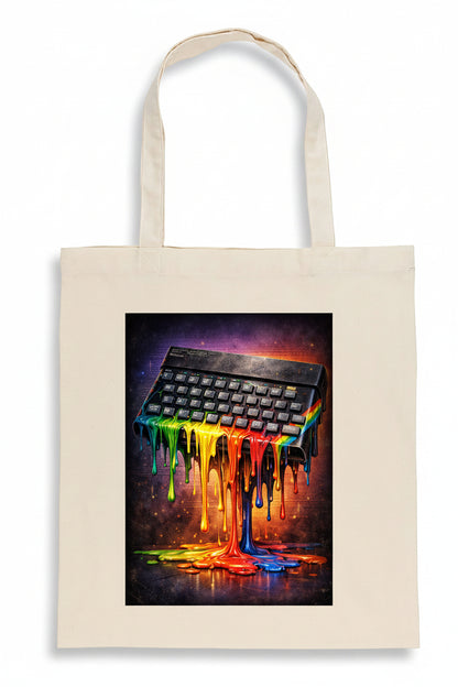 A cream-colored canvas tote bag featuring a square graphic print of a retro computer keyboard with vibrant, multicolored dripping paint on a dark cosmic background.