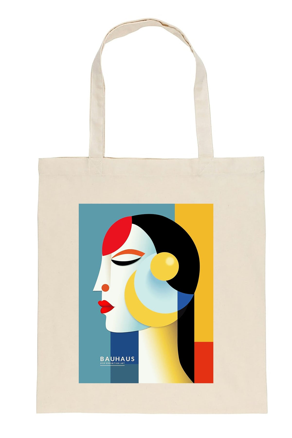 A cream-colored canvas tote bag featuring a Bauhaus-style geometric art print of a woman's profile with red, yellow, black, and blue shapes. The text 'BAUHAUS' is printed in white near the bottom of the graphic.