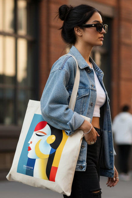 A cream-colored canvas tote bag featuring a Bauhaus-style geometric art print of a woman's profile with red, yellow, black, and blue shapes. The text 'BAUHAUS' is printed in white near the bottom of the graphic.