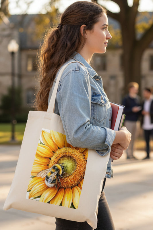 A natural canvas tote bag featuring a rectangular graphic print of a yellow sunflower with a bumblebee on a white background.