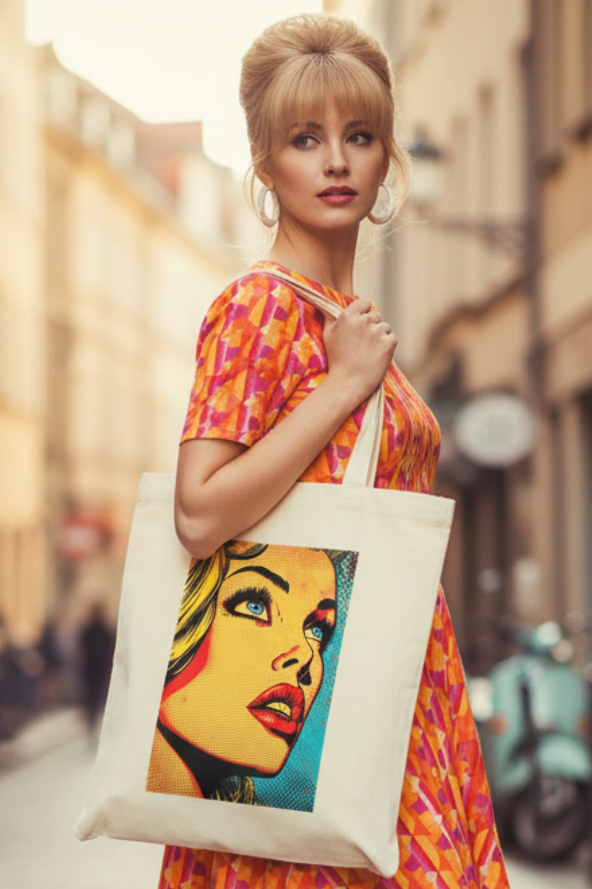 A cream-colored canvas tote bag featuring a colorful pop-art graphic of a woman's face on the front, set against a plain white background.