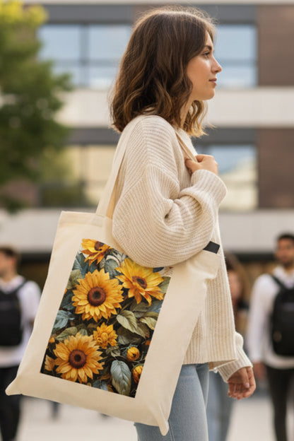 A natural canvas tote bag featuring a large rectangular graphic print of vibrant yellow sunflowers with green leaves on the front, set against a plain white background.