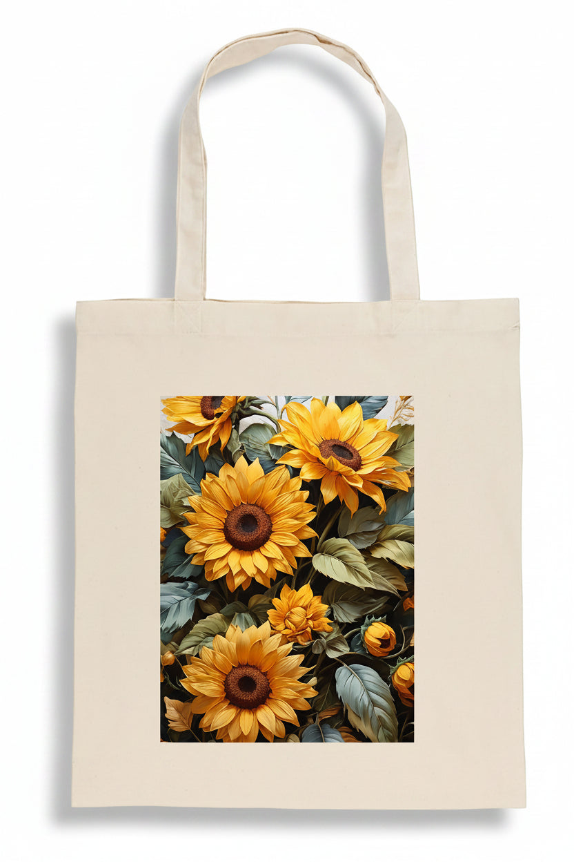 A natural canvas tote bag featuring a large rectangular graphic print of vibrant yellow sunflowers with green leaves on the front, set against a plain white background.