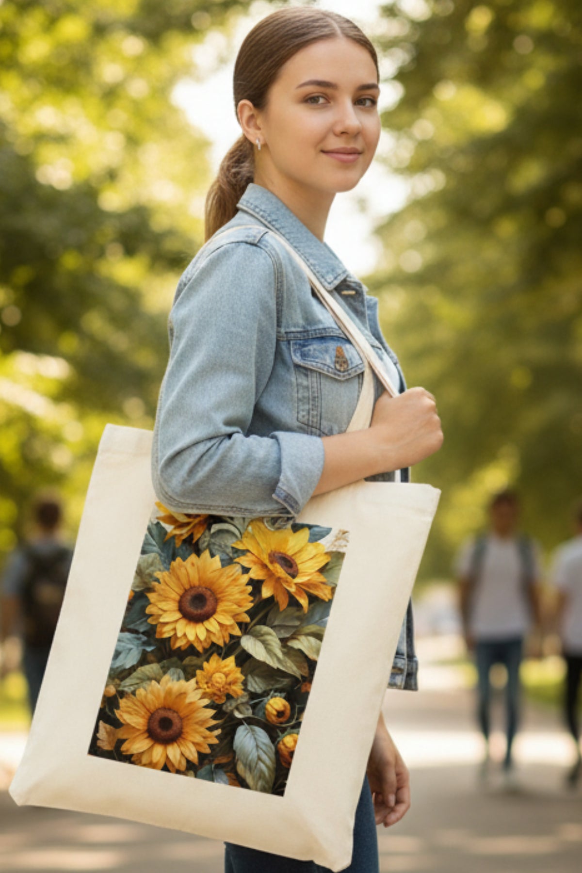 A natural canvas tote bag featuring a large rectangular graphic print of vibrant yellow sunflowers with green leaves on the front, set against a plain white background.