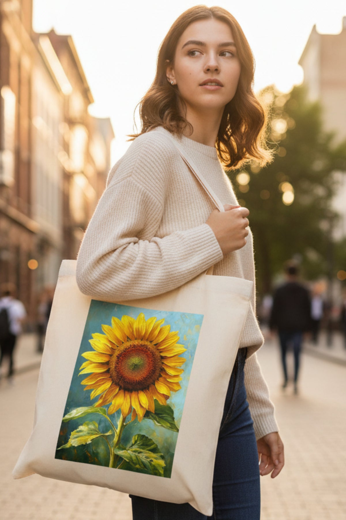 A natural canvas tote bag featuring a large, colorful printed painting of a sunflower on the front, set against a plain white background.
