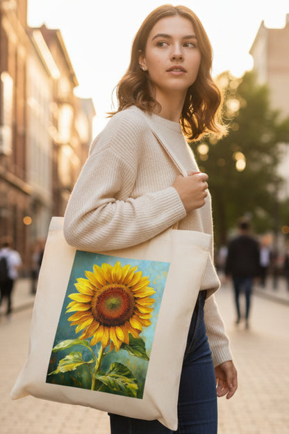 A natural canvas tote bag featuring a large, colorful printed painting of a sunflower on the front, set against a plain white background.