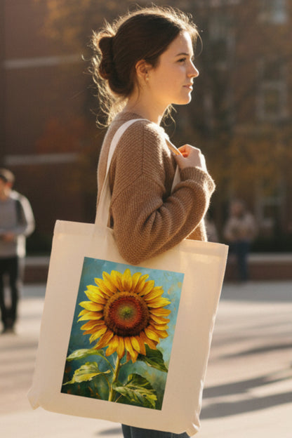 A natural canvas tote bag featuring a large, colorful printed painting of a sunflower on the front, set against a plain white background.