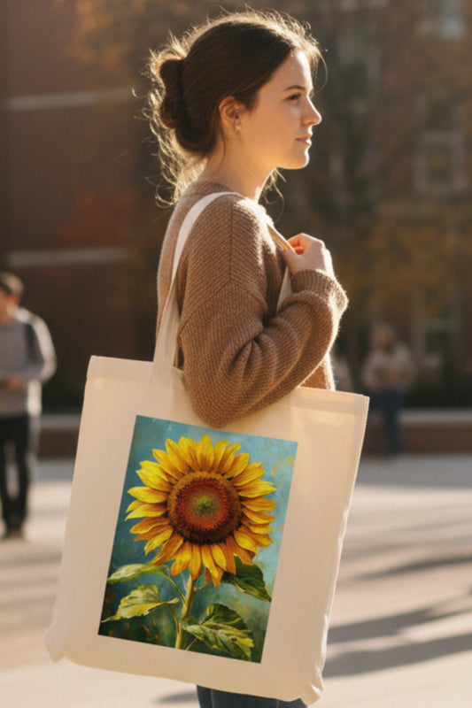 A natural canvas tote bag featuring a large, colorful printed painting of a sunflower on the front, set against a plain white background.
