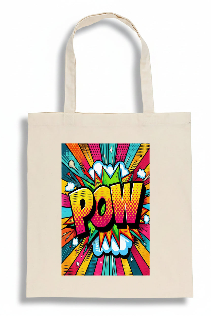A natural canvas tote bag featuring a colorful pop-art comic book style graphic with the word 'POW' in bold yellow, orange, and pink lettering against a vibrant multicolor burst background.