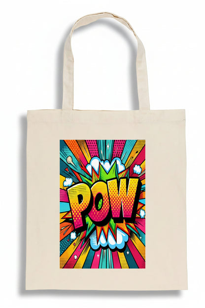 A natural canvas tote bag featuring a colorful pop-art comic book style graphic with the word 'POW' in bold yellow, orange, and pink lettering against a vibrant multicolor burst background.