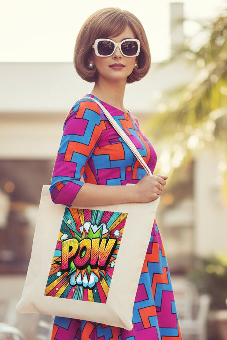 A natural canvas tote bag featuring a colorful pop-art comic book style graphic with the word 'POW' in bold yellow, orange, and pink lettering against a vibrant multicolor burst background.
