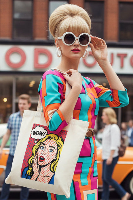 A cream-colored canvas tote bag featuring a pop-art graphic of a surprised blonde woman with a 'WOW!' speech bubble on a red polka-dot background.