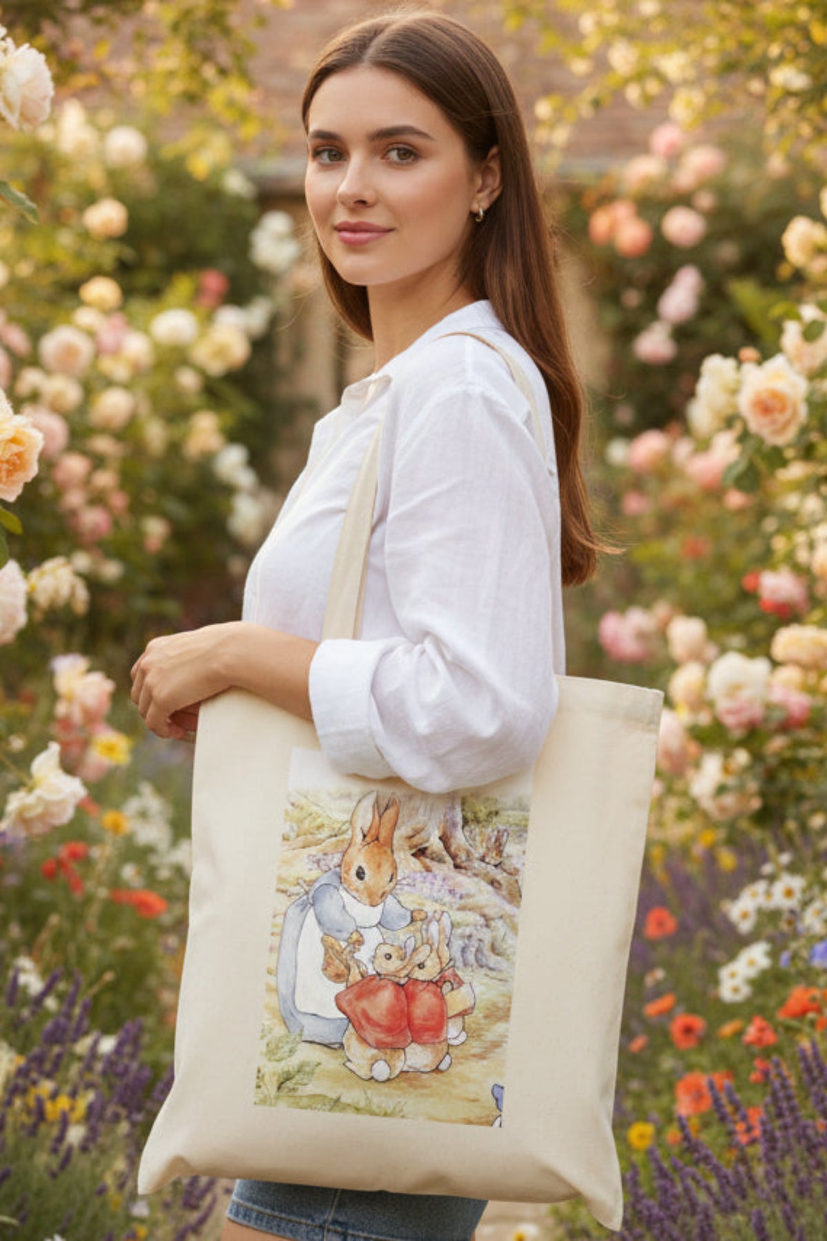 A natural canvas tote bag featuring a printed watercolor illustration of Peter Rabbit and his mother on the front, set against a plain white background.