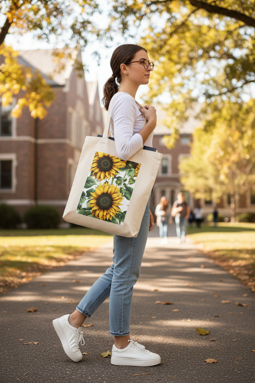 A natural canvas tote bag featuring a large rectangular print of two yellow sunflowers with green leaves on the front, set against a plain white background.