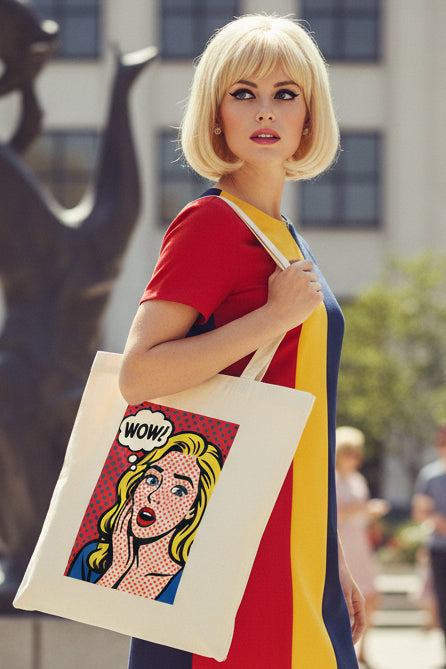 A cream-colored canvas tote bag featuring a pop-art graphic of a surprised blonde woman with a 'WOW!' speech bubble on a red polka-dot background.
