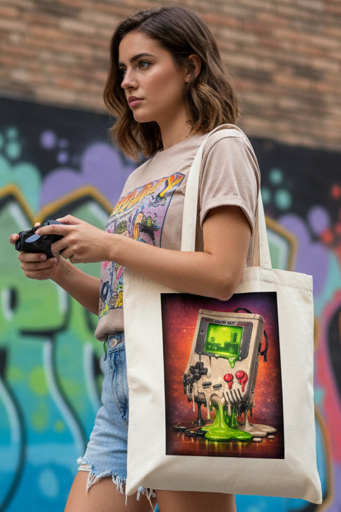 A cream-colored canvas tote bag featuring a square graphic print of a retro Game Boy covered in dripping green slime against a dark red and purple background.