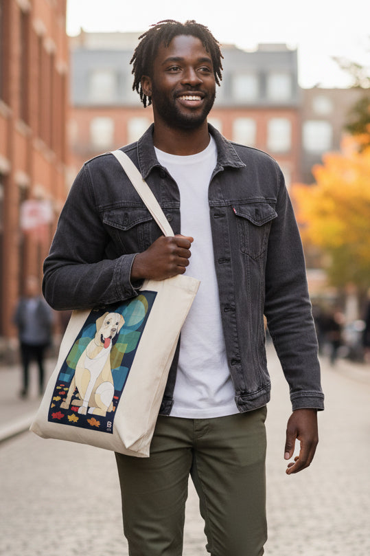 A natural canvas tote bag featuring a printed graphic of a yellow Labrador Retriever sitting on a tiled floor with colorful geometric shapes in the background. The text on the print reads 'STUDIO OF THE FARM - GELBER LAMBRODO' and includes the brand logo 'B' at the bottom right.