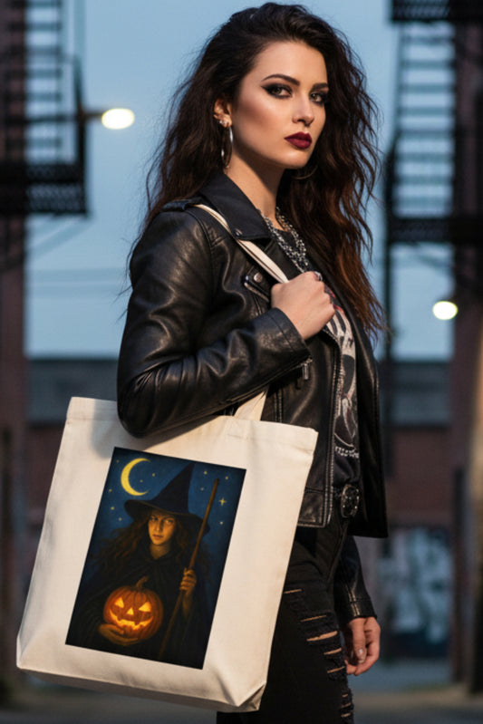An off-white canvas tote bag featuring a rectangular graphic print of a witch holding a glowing jack-o'-lantern under a crescent moon and stars.