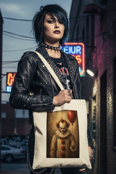 An off-white canvas tote bag featuring a printed graphic of a creepy clown holding a red balloon, set against a plain white background.