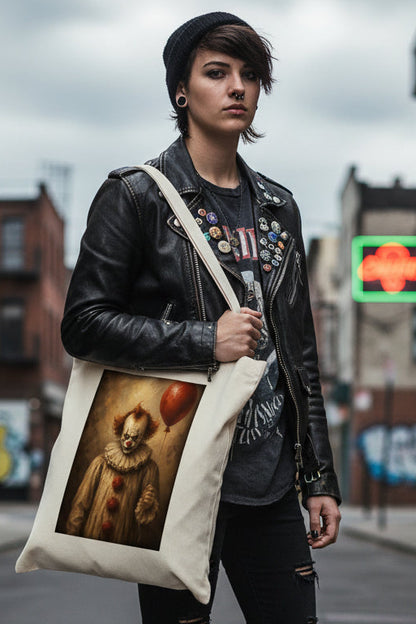 An off-white canvas tote bag featuring a printed graphic of a creepy clown holding a red balloon, set against a plain white background.