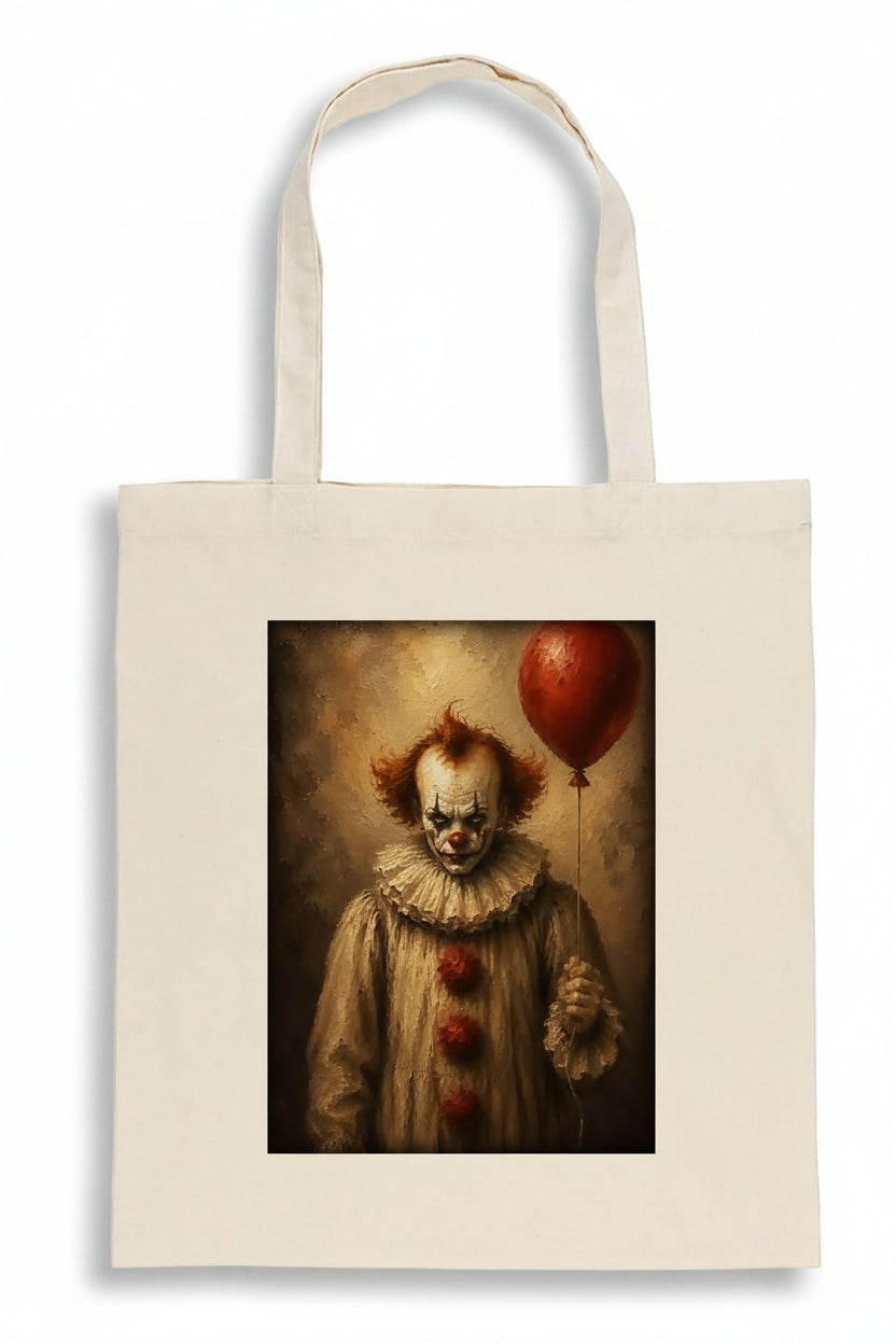 An off-white canvas tote bag featuring a printed graphic of a creepy clown holding a red balloon, set against a plain white background.