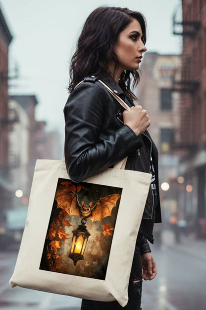 A woman in a black leather jacket and black combat boots walks down a wet city street carrying a cream canvas tote bag with a graphic print of a glowing lantern in autumn leaves.