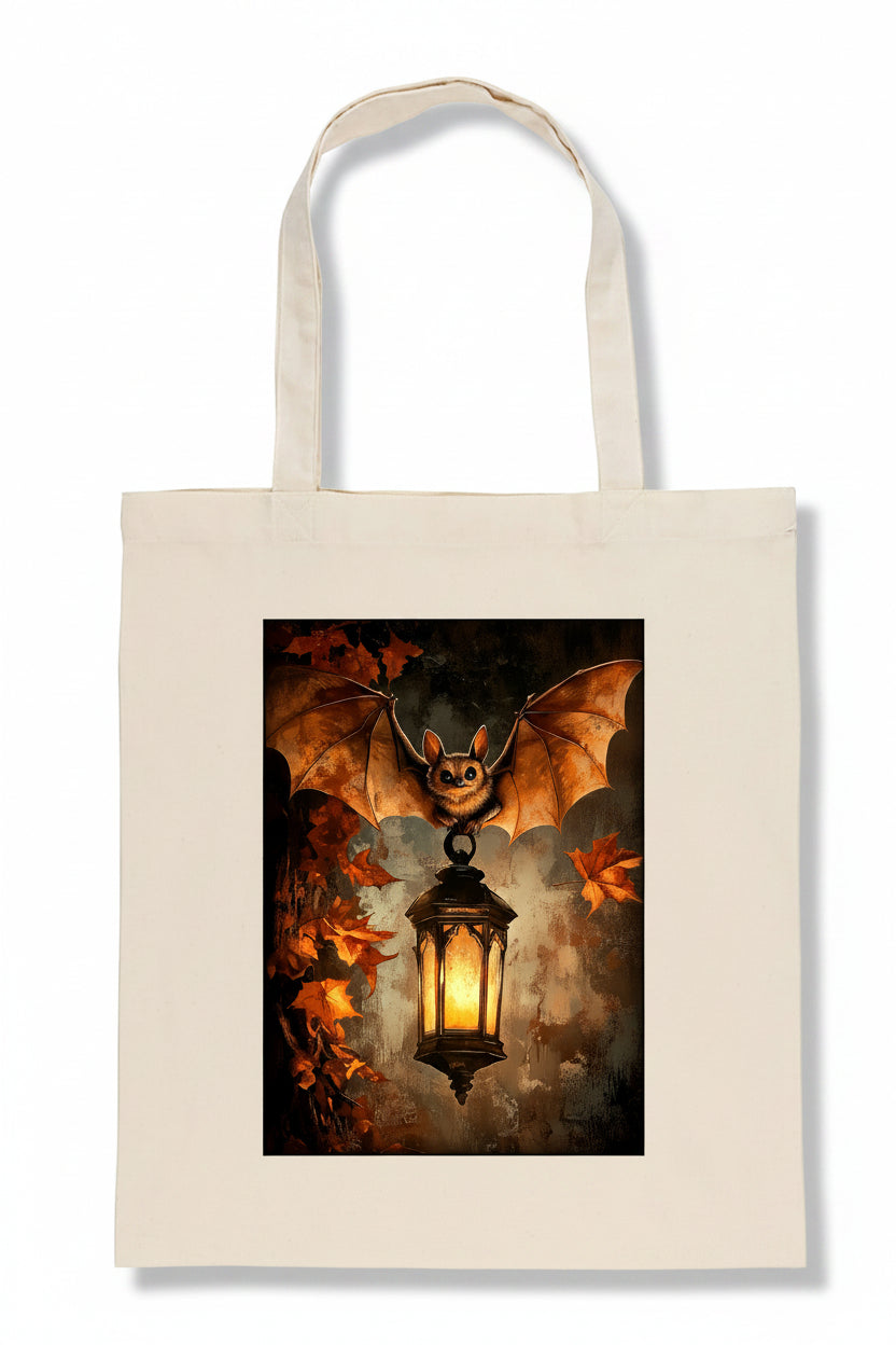 An off-white canvas tote bag with a large rectangular graphic print on the front. The print shows a bat with spread wings holding or beside a glowing lantern, surrounded by dark clouds and orange autumn leaves.